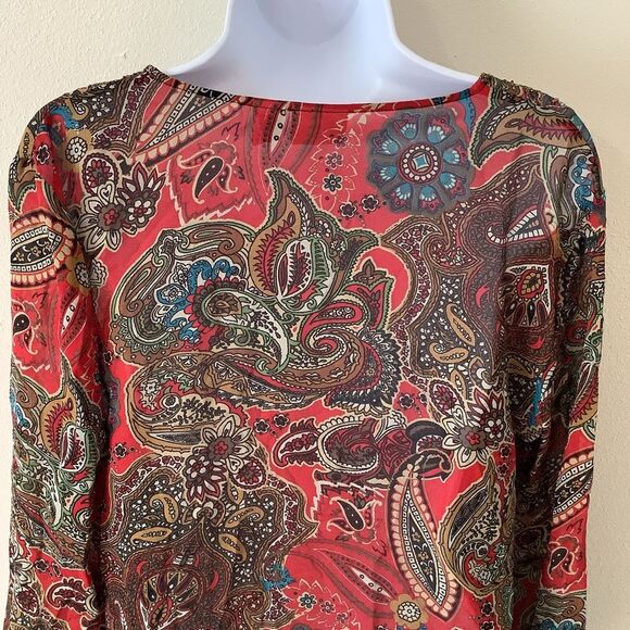 Chico’s Red Bohemian Hippie Whimsygoth Romantic Fairy Silk Paisley Blouse Size 1 - Picture 7 of 12